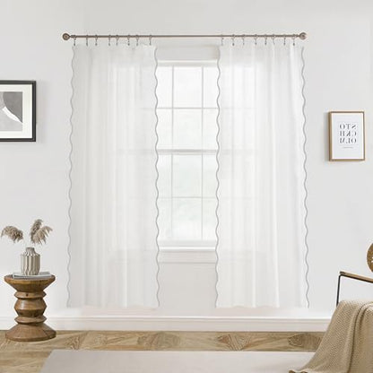 DriftAway Semi Sheer Scalloped Edge White Coastal Beach Window Curtains for Living Room Bedroom 2 Panels Rod Pocket Each Size 52 Inch by 72 Inch Gray - color: White Gray, size: 52"W x 72"L (Pack of 2)