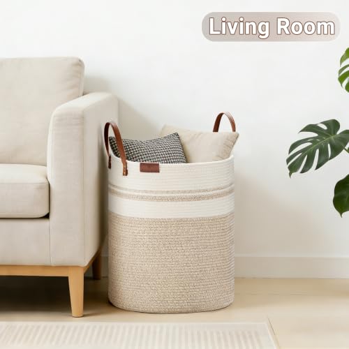 VIPOSCO 58L Tall Woven Rope Laundry Hamper, Leather Handles, Brown & White - color: Brown & White, size: 58L