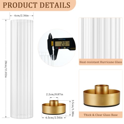 Hurricane Candle Holders Golden Taper Candle Sticks Holder, with 11" Thickened Glass Cylinder Covers Ribbed Candlesticks Holders Bulk Set of 10, Dining Table Centerpiece for Wedding - color: Clear Ribbed