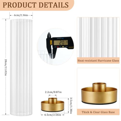 Hurricane Candle Holders Golden Taper Candle Sticks Holder, with 11" Thickened Glass Cylinder Covers Ribbed Candlesticks Holders Bulk Set of 10, Dining Table Centerpiece for Wedding - color: Clear Ribbed
