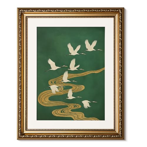 ARPEOTCY Vintage Gold Framed Wall Art Decor, 13x16 Inch Elegant Crane and Golden Stream Canvas Print, Oriental Bird Painting for Living Room Bedroom Office - color: Golden Stream and Cranes, size: 16"L x 13"W