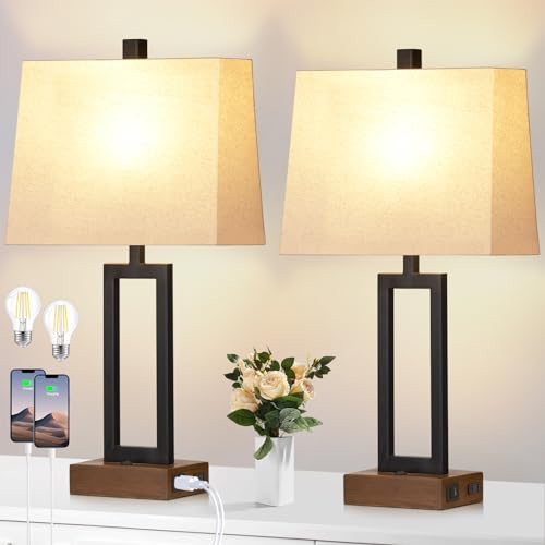 Lolikit Table Lamp for Bedroom Set of 2 with 2 USB Ports and AC Power Outlet, 23.5" Modern Bedside Lamp, Wood Nightstand Lamp with Linen Shade for Living Room Hotel Desk(LED Bulb Included) - color: Beige - 23.5"H