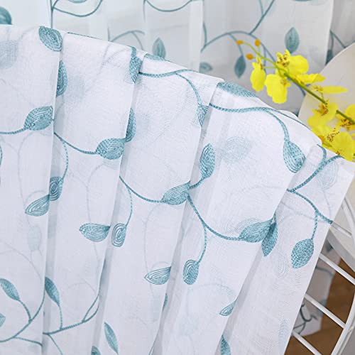Tollpiz Leaves Sheer Tier Curtain Teal Blue Leaf Embroidery Kitchen Half Curtains Rod Pocket Voile Faux Linen Embroidered Leaves Curtain for Bathroom, 30 x 36 inches Long, Set of 2 Panels - color: Teal Blue, size: 30"W x 36"L (Pack of 2)