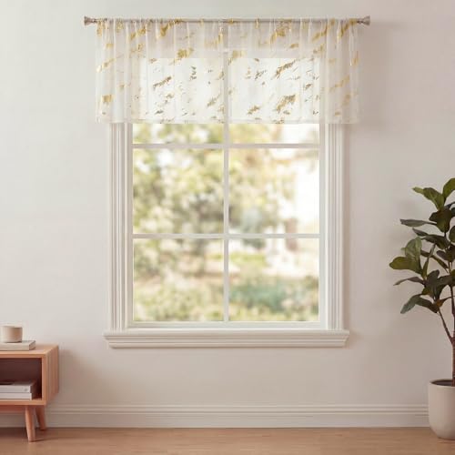 Horaldaily 2Pcs White Sheer Valance for Window 52x14in, Gold Sequin Marble - color: White and Gold, size: 52"W x 14"L (Pack of 2)