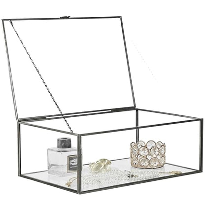 Glass Jewelry Display Box with Hinged Lid, Keepsake Box, Clear Card Box - color: Black, size: Large