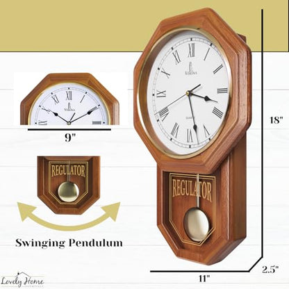 Pendulum Wall Clock Battery Operated, Real Wood Regulator Clock, Quiet - color: Light Wood