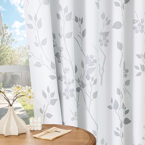 Beauoop Floral 100% Blackout Curtains Bedroom Grey White 52X108 2 Panels - color: Grommet | Grey, size: 52"W x 108"L (Pack of 2)