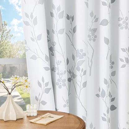 Beauoop Floral 100% Blackout Curtains Bedroom Grey White 52X108 2 Panels - color: Grommet | Grey, size: 52"W x 108"L (Pack of 2)