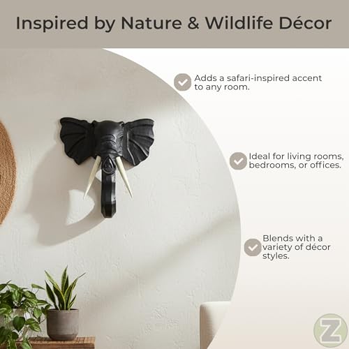 Zeckos Elephant Head Wall Sculpture, 12 Inch Hand-Carved Black Wood