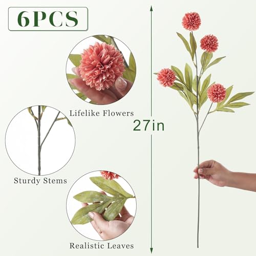 6 Pcs 27"Artificial Pompon Mum Silk Flower Stems for Vase (Dusty Pink) - color: Dusty Pink