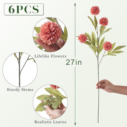 6 Pcs 27"Artificial Pompon Mum Silk Flower Stems for Vase (Dusty Pink) - color: Dusty Pink