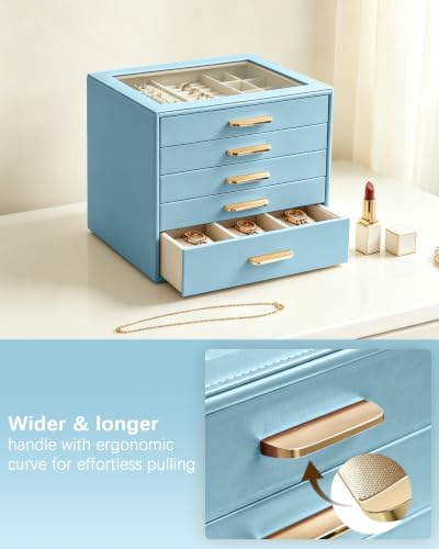 Homeanda Jewelry Boxes Organizer with Glass Lid, 5-Layer PU Leather, Blue - color: Smoky Blue, size: 5 Layer