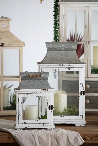 Rustic Wooden Candle Lanterns - Set of Two, Decorative Hurricane Lantern Holders for Indoor Outdoor Use - Home, Garden, Wedding Decor