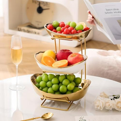 Gold Silver Fruit Bowl with Metal Stand, 3 Tier Ceramic White Fruit Bowl Fruit Rack for Kitchen Counter, Tiered Fruit Basket for Snacks Bread Candy Storage (Silver (Smooth Surface)) - color: Silver (Smooth Surface)