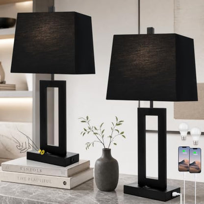 Cinkeda Black Bedside Table Lamp Set of 2, Nightstand Lamps with USB Ports - color: F.Black&Black