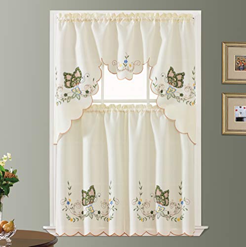 GOHD Dancing Butterfly. 3pcs Multi-Color Embroidery Cafe Curtain Set/Swag & Tiers Set with cutworks. Window Treatment Set for Small Windows. (SAGE Green) - color: Sage Green