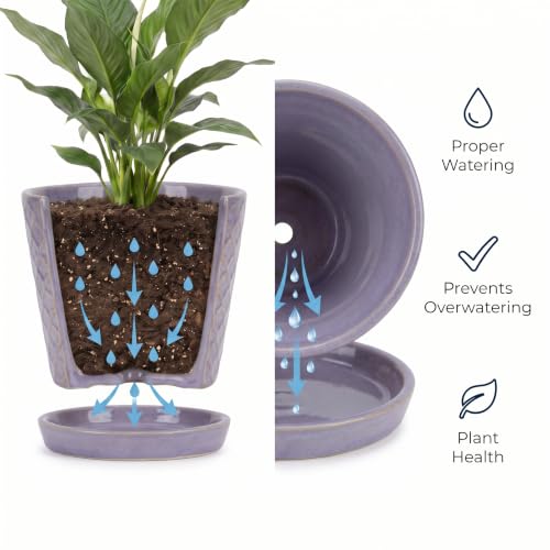EFISPSS Ceramic Plant Pots, 5 Inch Planters with Drainage Holes and Ceramic Tray, Relief Design Flower Planter, Desktop Office Windowsill Decoration Gift Set of 4 - Lavender - color: Lavender