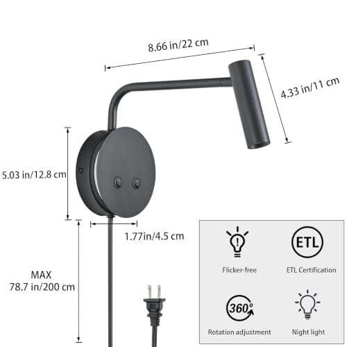 2 Pack Wall Mounted Reading Lights for Bed, Matte Black Headboard Wall Sconces with Night Light, Plug in or Hardwired Bedside Reading Lamps with On/Off Switch, 3000K Warm White Bedroom Wall Lighting - color: Black-2 Pack