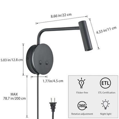 2 Pack Wall Mounted Reading Lights for Bed, Matte Black Headboard Wall Sconces with Night Light, Plug in or Hardwired Bedside Reading Lamps with On/Off Switch, 3000K Warm White Bedroom Wall Lighting - color: Black-2 Pack