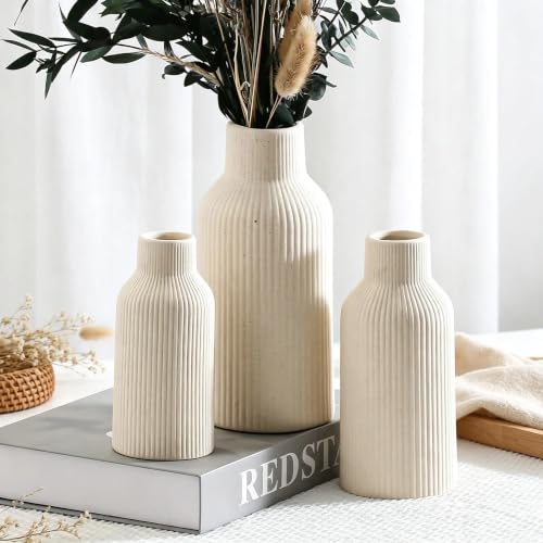 Bohemian Beige Ceramic Vase - for Pampas Grass, Mantel, Bookshelf, Entryway and Living Room Decor (Beige, Set of 3) - color: Beige, size: Set of 3-Round