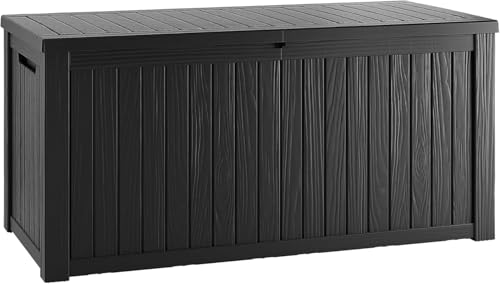 TARKARI 180 Gallon Resin Outdoor Storage Box, Waterproof & UV-Resistant Deck Box Lockable for Outdoor Cushion Storage, Garden Tools & Pool Accessories Storage, Black - color: Black, size: 180 gallons