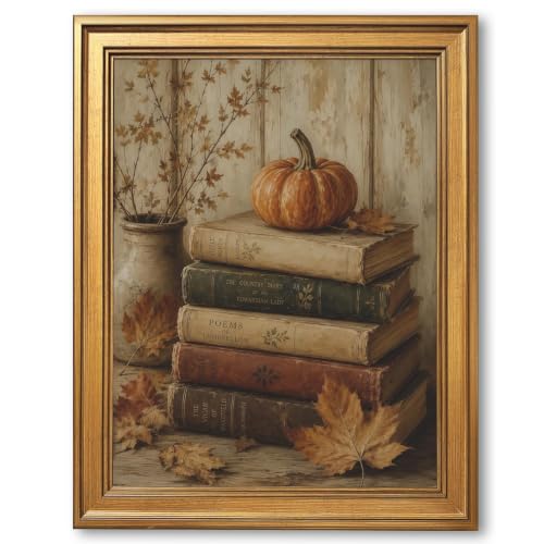 Pumpkin and Books Wall Art Canvas Print Vintage Cozy Reading Nook Poster Dark Academia Autumn Decor Fall Harvest Cottagecore Aesthetic Painting for Living Room Bedroom Office 12x16inch Golden frame - color: Style-3 Golden Frame, size: 12"L x 16"W