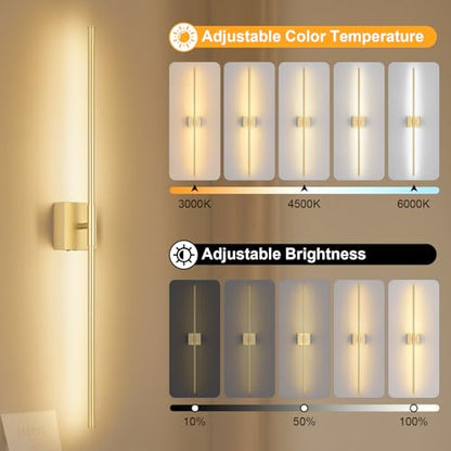 Battery Operated Wall Sconce Set of Two with Remote Control, 3000K-6000K Dimmable Gold Wall Lights, Timable LED Wireless Wall Sconces, 350° Ratate for Bathroom, Living Room, Hallway 39.4 Inch - color: Gold, size: 39.4in(2 Pack)