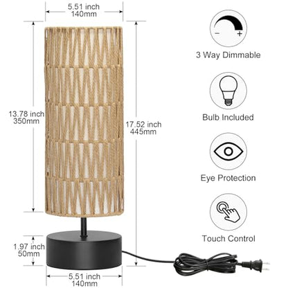 Rattan Table Lamp, Touch Control Bedside Table Lamp with Black Base, 3 Way Dimmable Nightstand Lamp with Dual-layer Shade, Boho Night Light for Bedroom Living Room Home Office, 9W LED Bulb Included - color: Black Base with Rattan Shade