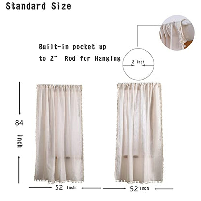 RoomTalks Boho Curtains for Bedroom Living Room 63 Inch Length Freanch Country Modern Farmhouse Window Curtain Panels Embroidery Striped Bohemian Tassel Draperies (63’’L x 52’’W, Beige) - color: Beige, size: 52"W x 63"L (Pack of 2)