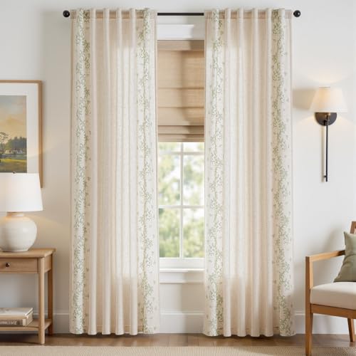 jinchan Floral Linen Curtains, Back Tab 50x84 Inch, 2 Panels Sage - color: Vine | Sage, size: 50"W x 84"L (Pack of 2)