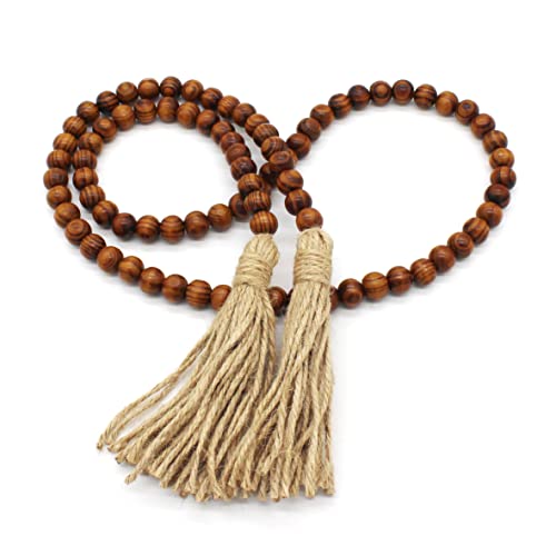 CVHOMEDECO. Wood Grain Beads Garland with Tassels Farmhouse Rustic Wooden Prayer Bead String Wall Hanging Accent for Home Festival Decor. Dark Tan - color: Dark Tan