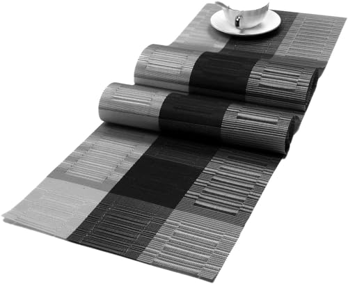 SHACOS Table Runners Woven Vinyl PVC Table Runners 12 x 90 inch Wipeable Heat Resistant Runner for Tables Countertop Indoor Outdoor, Bamboo Ombre Black and Gray - color: Ombre Black Gray, size: Table Runner 12 x 90 inch
