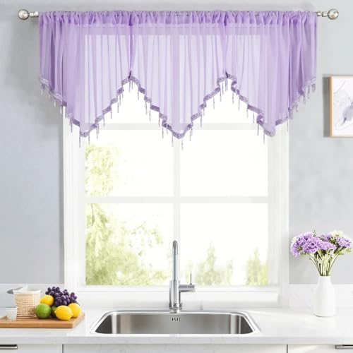 WUBODTI Taro Purple Beaded Sheer Curtain Valances for Kitchen Windows, Triangle Sheer Swag Valance Curtains Boho Bead Tassels Window Valances for Bedroom Bathroom Living Room,3PCs, Each W51 x L24 - color: Taro Purple