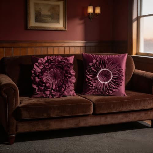 OiseauVoler Decorative 3D Flower Throw Pillow Covers 18x18 Inch Wine Red - color: Wine Red