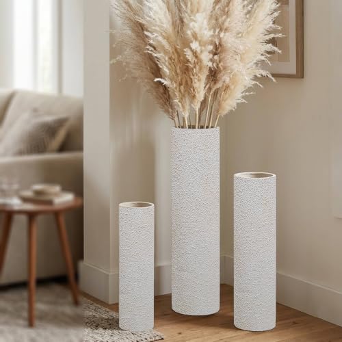 Distressed Off-White Tall Floor Vase - Set of 3 Pottery Look Metal Vases