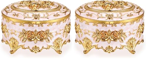 Hipiwe Vintage Metal Jewelry Box - Oval Trinket Organizer Ring Box Case with Rose Pattern Jewelry Storage Box for Ring Earrings Necklace, Gift for Women (Pack of 2) - color: Beige, size: Small (Pack of 2)