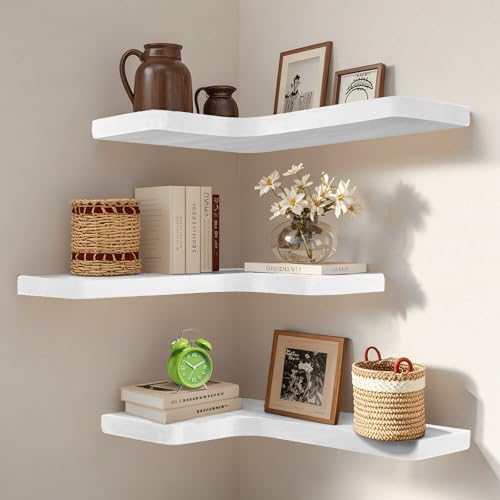 Floating Corner Shelves Set of 3, Solid Wood Picture Wall Shelf, Floating Shelves for Storage for Bedroom Kitchen Bathroom Living Room (White) - color: White