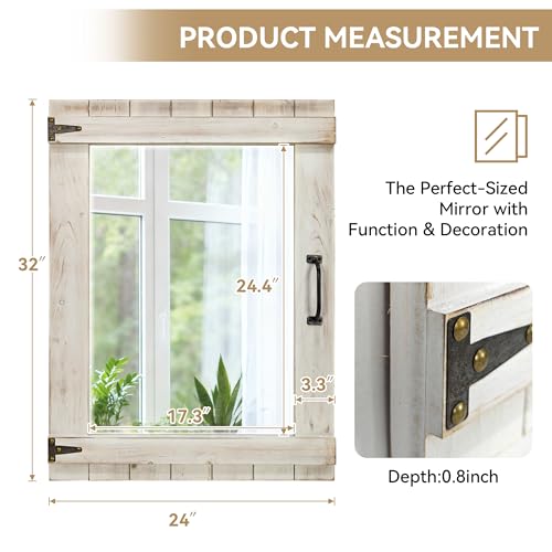 Oakrain Farmhouse Mirror, 24x32 Inch Distressed White Wood Frame with Black Metal Hinges, Rustic Wall Mirror for Bathroom, Living Room, Entryway, Bedroom - color: Distressed White-rectangular
