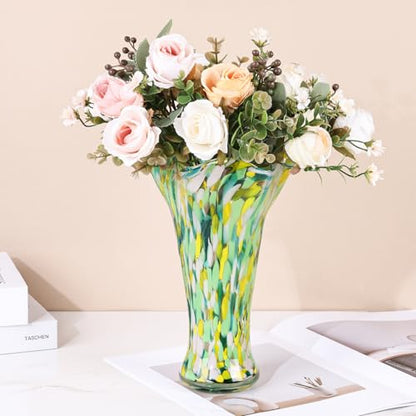 9.0" H Green Glass Vases for Flower, Unique Hand Blown Glass Vase - color: Green