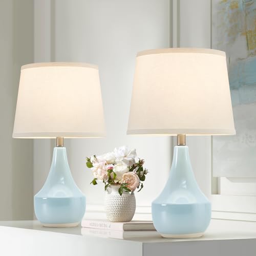 GyroVu 18" Table Lamp Set of 2, Ceramic Lamp Classic Beside Lamps Nightstand Lamp Modern Cute Lamp for Living Room, Bedroom & Office Rocker Switch Sky Blue-LED Bulbs Included - color: 18.63" Blue