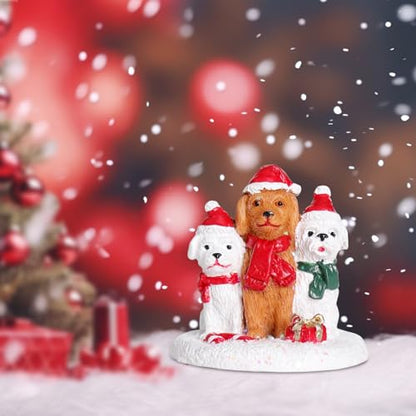 Christmas Village Accessories Three Dogs Ornament with Santa Hat Funny Gift - color: White and Brown