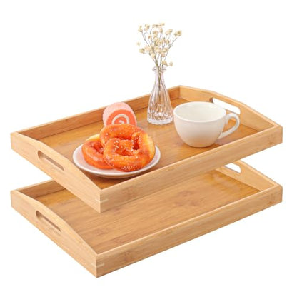2 PCS Bamboo Serving Tray, Breakfast Bed Tray with Handle, 15.8 x 11.4 x 2 Inch Wood Serving Tray for Serving, Breakfast Bed Trays for Eating, Decor, Displaying Cake, Fruit - size: 2 PCS - 15.8 x 11.4 x 2 Inch