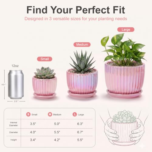 Pink Plant Pots，Ceramic Planters with Drainage Holes and Saucers Set of 3 - color: Pink