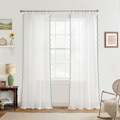 DriftAway Semi Sheer Scalloped Edge White Coastal Beach Window Curtains for Living Room Bedroom 2 Panels Rod Pocket Each Size 52 Inch by 84 Inch Loden Green - color: White Loden Green, size: 52"W x 84"L (Pack of 2)