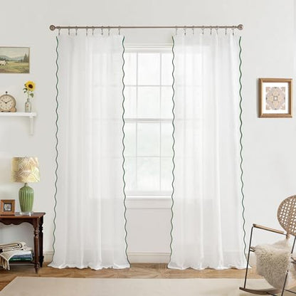 DriftAway Semi Sheer Scalloped Edge White Coastal Beach Window Curtains for Living Room Bedroom 2 Panels Rod Pocket Each Size 52 Inch by 84 Inch Loden Green - color: White Loden Green, size: 52"W x 84"L (Pack of 2)