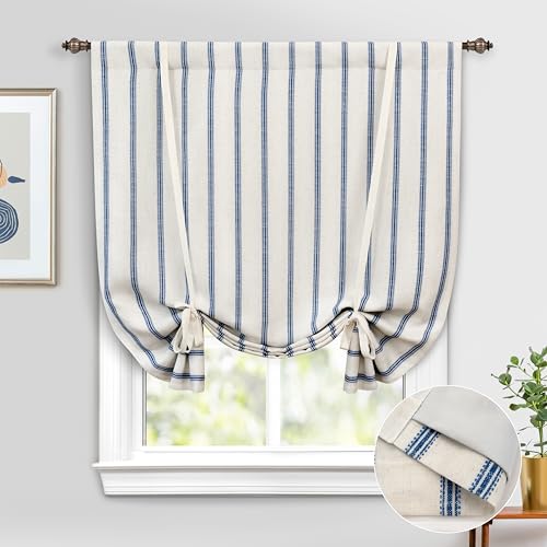 DriftAway Farmhouse Double Layer Linen Blackout Tie Up Curtains Thermal Insulated Vertical Striped Fully Lined Balloon Roman Shade Bathroom Window Adjustable Rod Pocket 45 Inch by 63 Inch Navy - color: Navy Blue, size: 45"W x 63"L (Pack of 1)