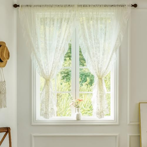 TUDECO Cream Short Lace Curtains 45 Inch Length, 2 Panles - color: Cream, size: 59"W x 45"L (Pack of 2)