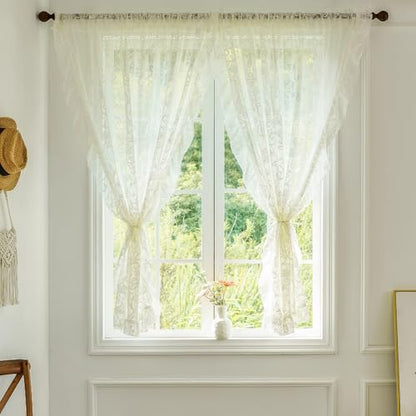 TUDECO Cream Short Lace Curtains 45 Inch Length, 2 Panles - color: Cream, size: 59"W x 45"L (Pack of 2)