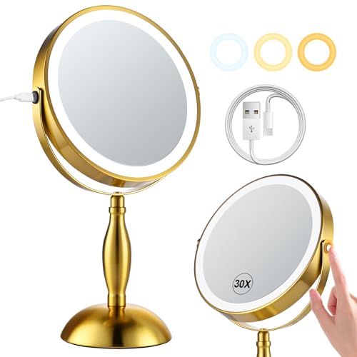 Makeup Mirror with Lights, 30X Golden Magnifying Mirror - color: Gold