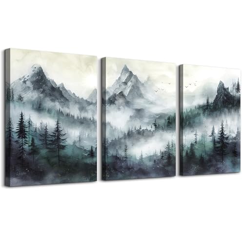 TTHYUEWS Canvas Wall Decor For Bedroom & Living Room - Modern Office Decoration - Misty & Fog Mountain Forest Wall Painting Landscape - 3 Piece, 16"X24" - color: Foggy Forest Wall Paintings, size: 16x24inches*3pcs